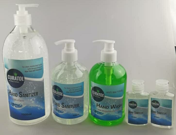 The Curatol range: 1000ml and 500ml hand sanitizer, green antibacterial hand wash and two pocket sanitizers